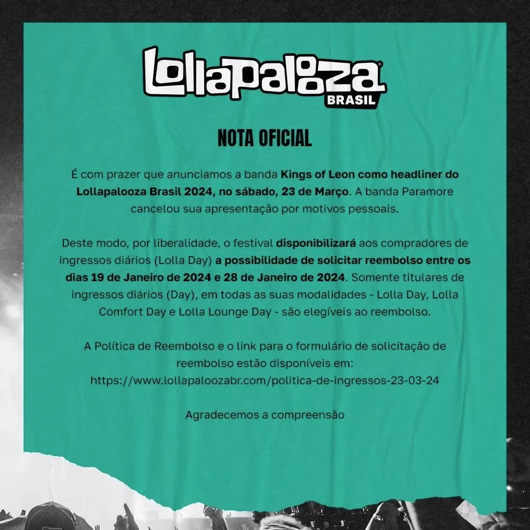 Paramore cancela participação no Lollapalooza