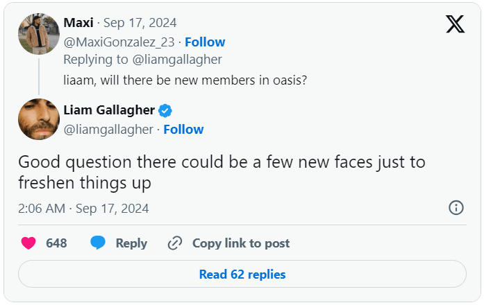 Liam Gallagher sugere mudanças na formação do Oasis para turnê de reunião em 2025