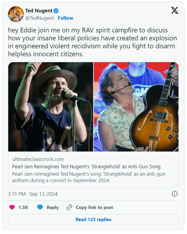 O Pearl Jam fez um cover de Strangehold com uma letra diferente. E, aparentemente, Ted Nugent não gostou nem um pouco.