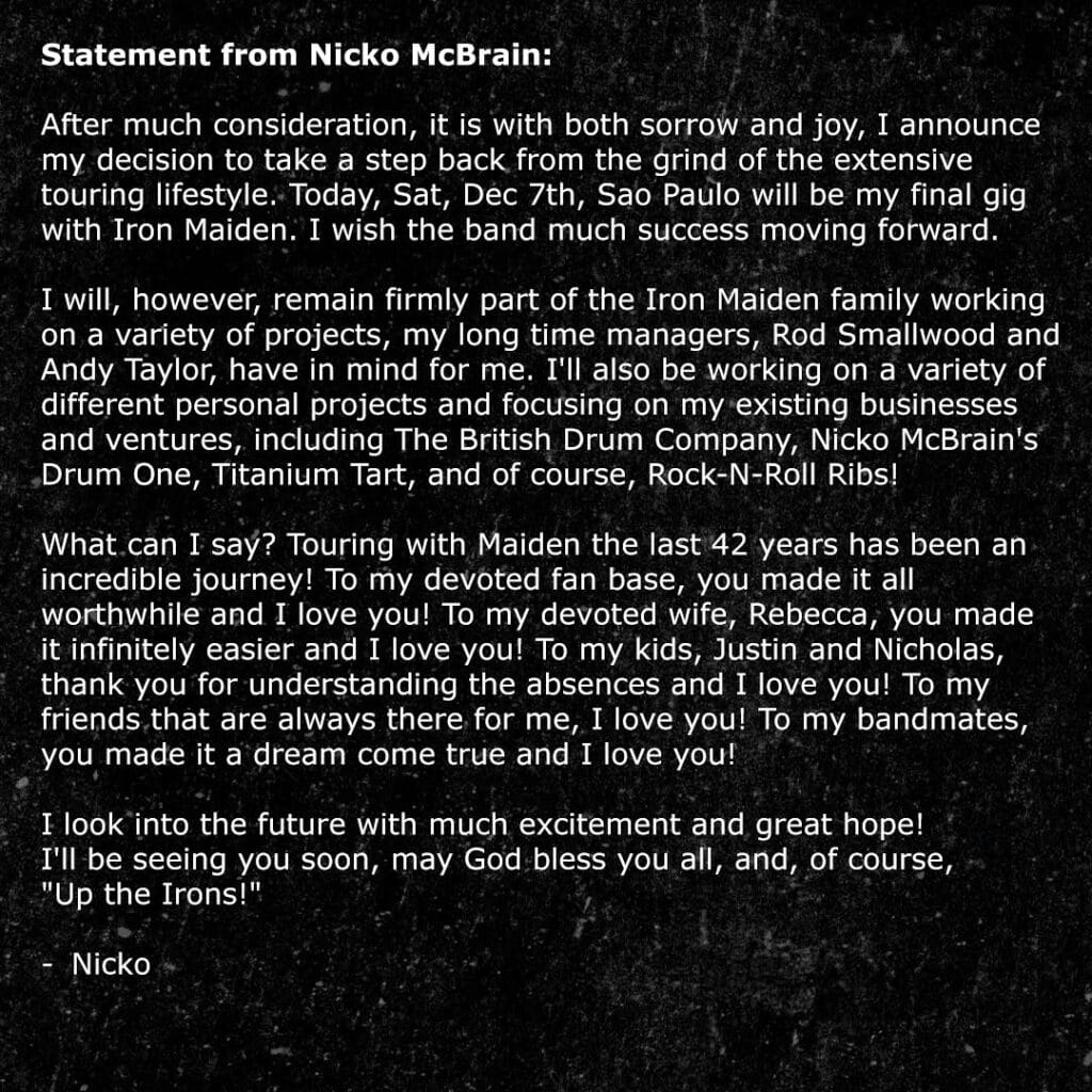 Nicko McBrain anuncia sua saída do Iron Maiden