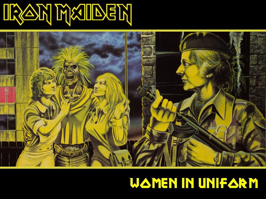 Capa do single Women In Uniform, com Margaret Thatcher ilustrada segurando uma metralhadora, preparando-se para atacar Eddie, lançado no disco Killers