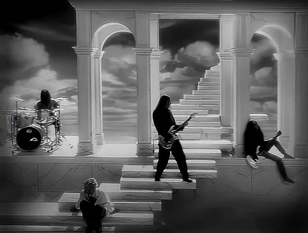 Alice In Chains performando durante as gravações do videoclipe para Grind, em 1995, Créditos: Rocky Schenk