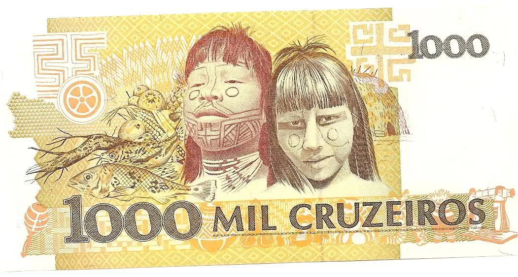 Nota de mil cruzeiros, com Iny e Koixaru Karajá estampando a cédula; Créditos: Imprensa