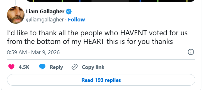 Liam Gallagher ironiza baixa votação do Oasis no Rock Hall