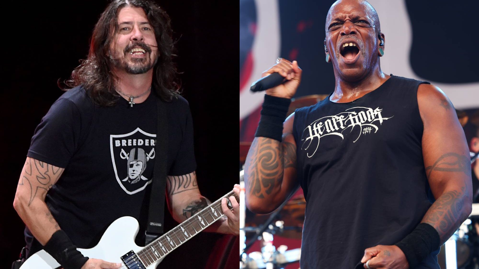 Sepultura. Dave Grohl and 's Derrick Green. Iwi Onodera/Daniel Boczarski/Getty Images
