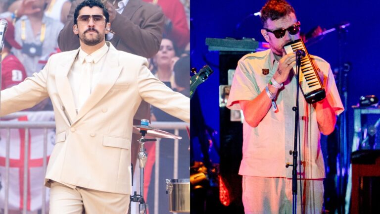 Bad Bunny. performs and Gorillaz’ Damon Albarn. James Klug/Getty Images, A. Perez Meca/Europa Press via Getty Images