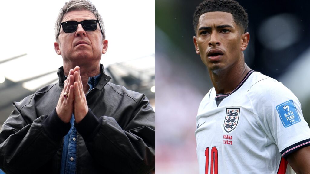 Noel Gallagher. and Jude Bellingham. Martin Rickett/PA Images/Getty (L), Eddie Keogh - The FA/The FA/Getty (R)
