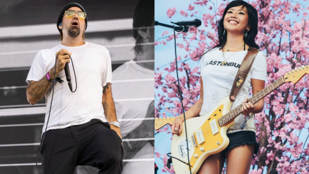 Beabadoobee. two side by side pictures of Chino Moreno (left) and  (right) performing live on stage