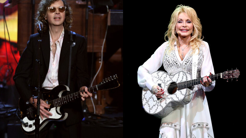 Beck. two side by side photographs of (left) and Dolly Parton (right)